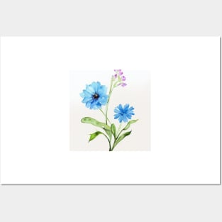 Blue Watercolor Flower Posters and Art